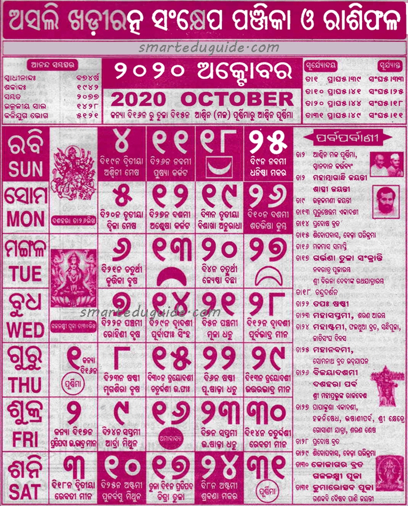 Odia Calendar October 2020 | Seg