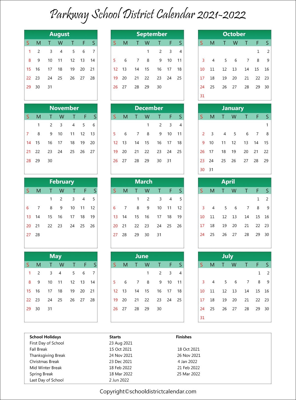 Parkway School District Calendar Holidays 2021-2022