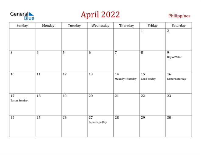 Philippines April 2022 Calendar With Holidays