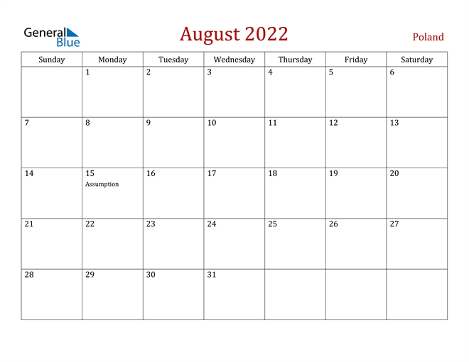 Poland August 2022 Calendar With Holidays