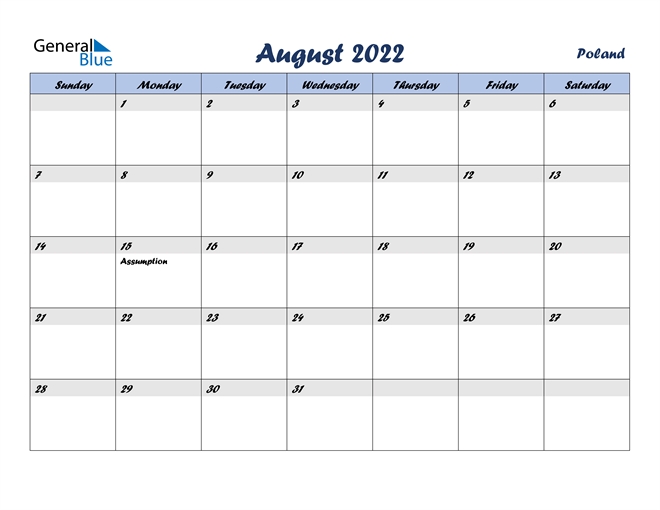 Poland August 2022 Calendar With Holidays