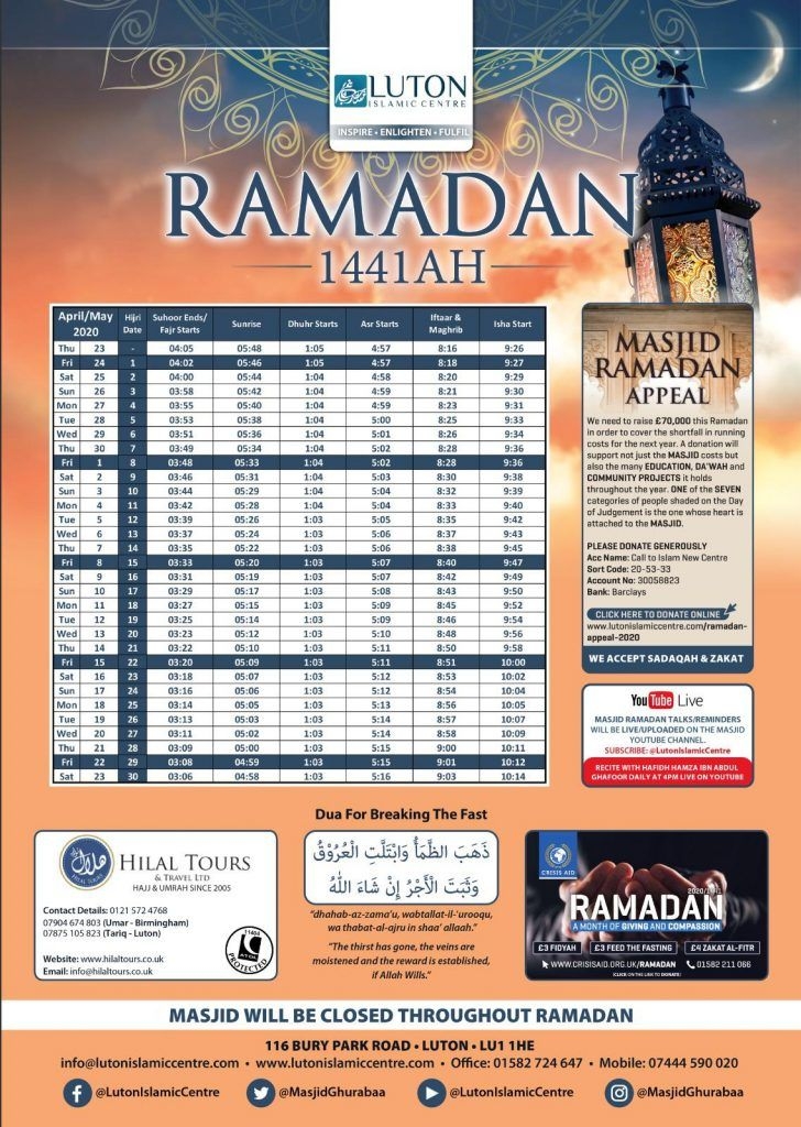 Prayer Times - Luton Islamic Centre | Salah Times In Luton