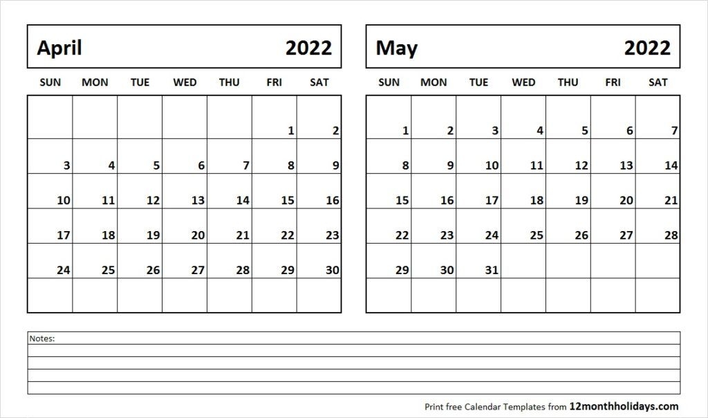 Print April May 2022 Calendar Template | 2 Month Calendar