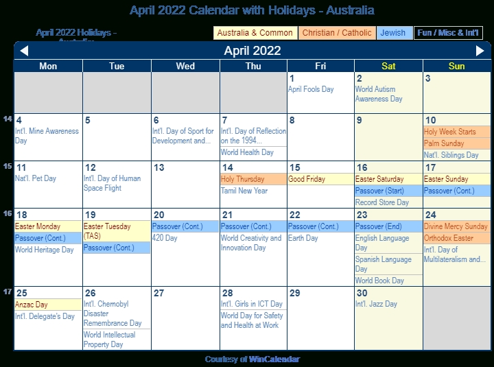 Print Friendly April 2022 Australia Calendar For Printing