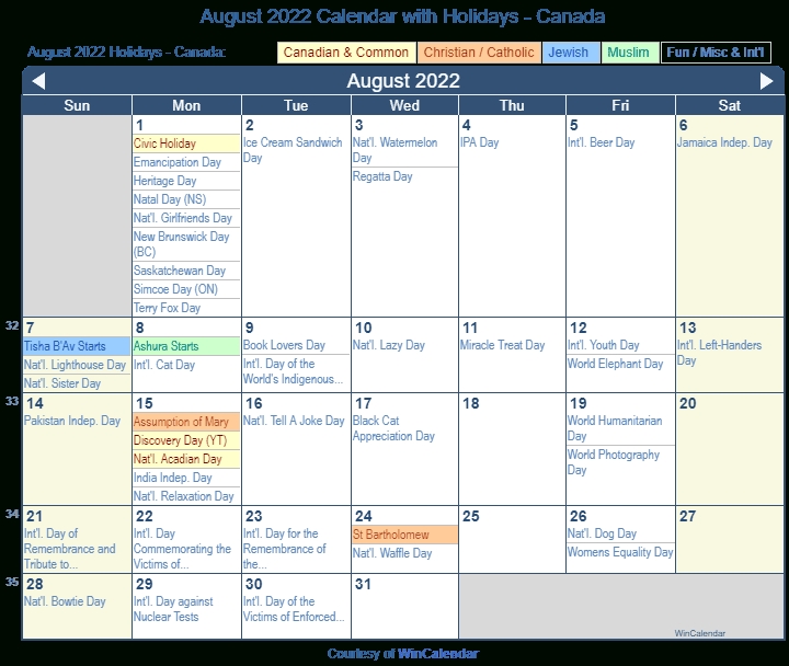 Print Friendly August 2022 Canada Calendar For Printing