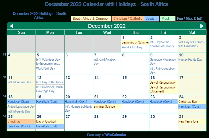 Print Friendly December 2022 South Africa Calendar For