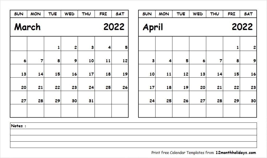 Print March April 2022 Calendar Template | 2 Month Calendar