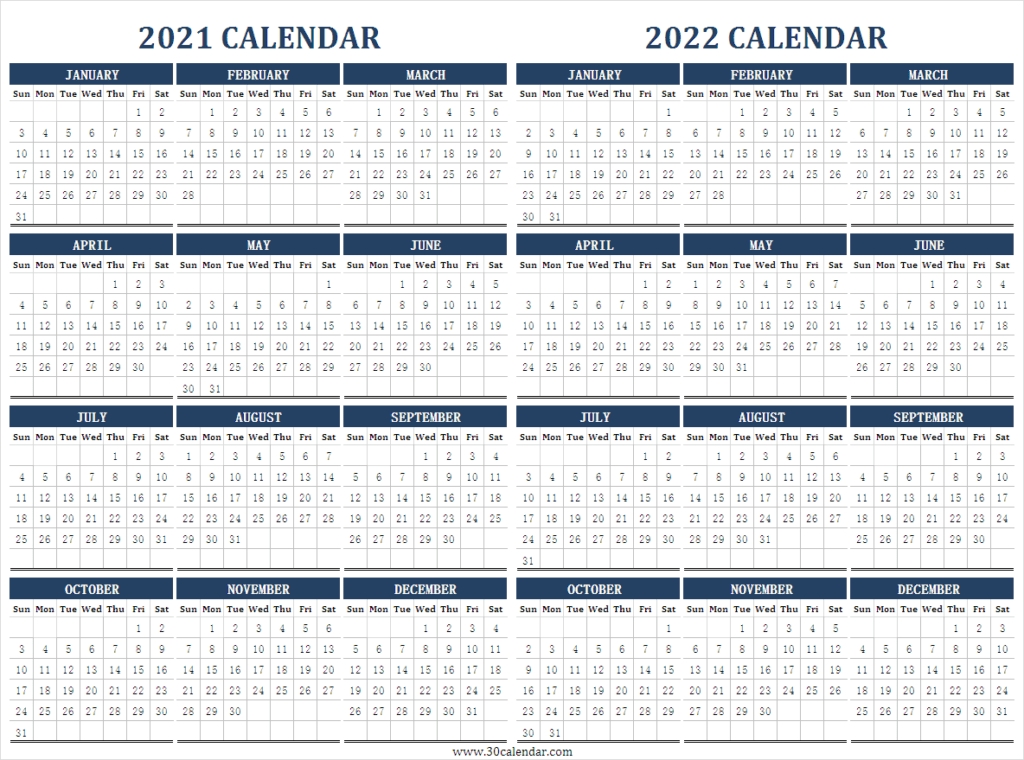 Printable 2 Year Calendar 2021 And 2022 | Excel | Pdf