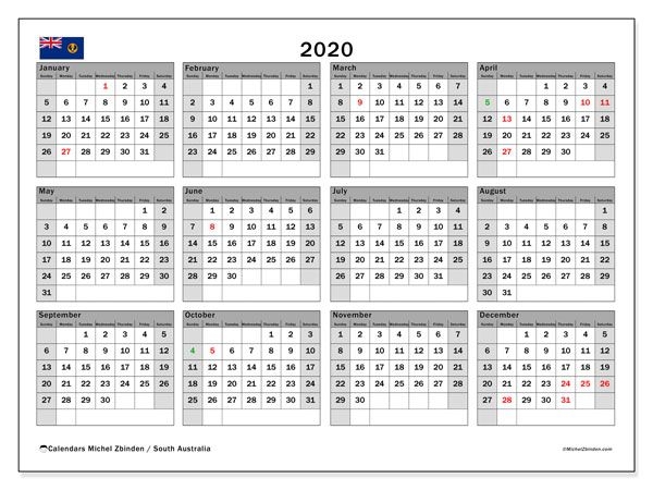 Printable 2020 &quot;South Australia&quot; Calendar - Michel Zbinden En