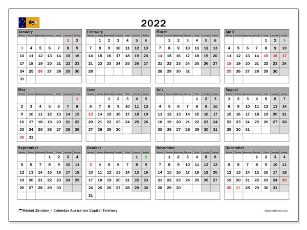 Printable 2022 &quot;Australian Capital Territory&quot; Calendar