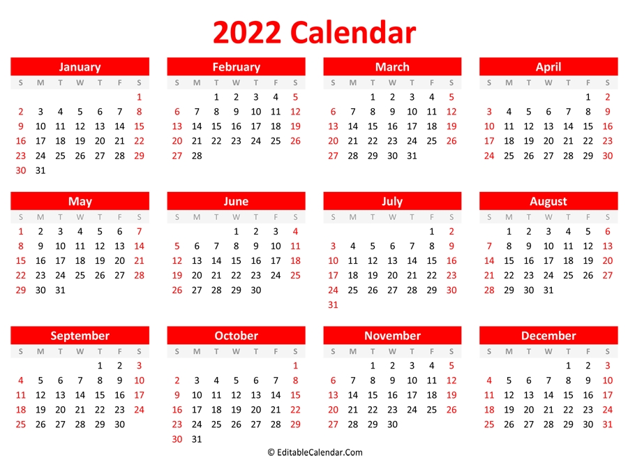 Printable 2022 Calendar (Landscape Orientation)