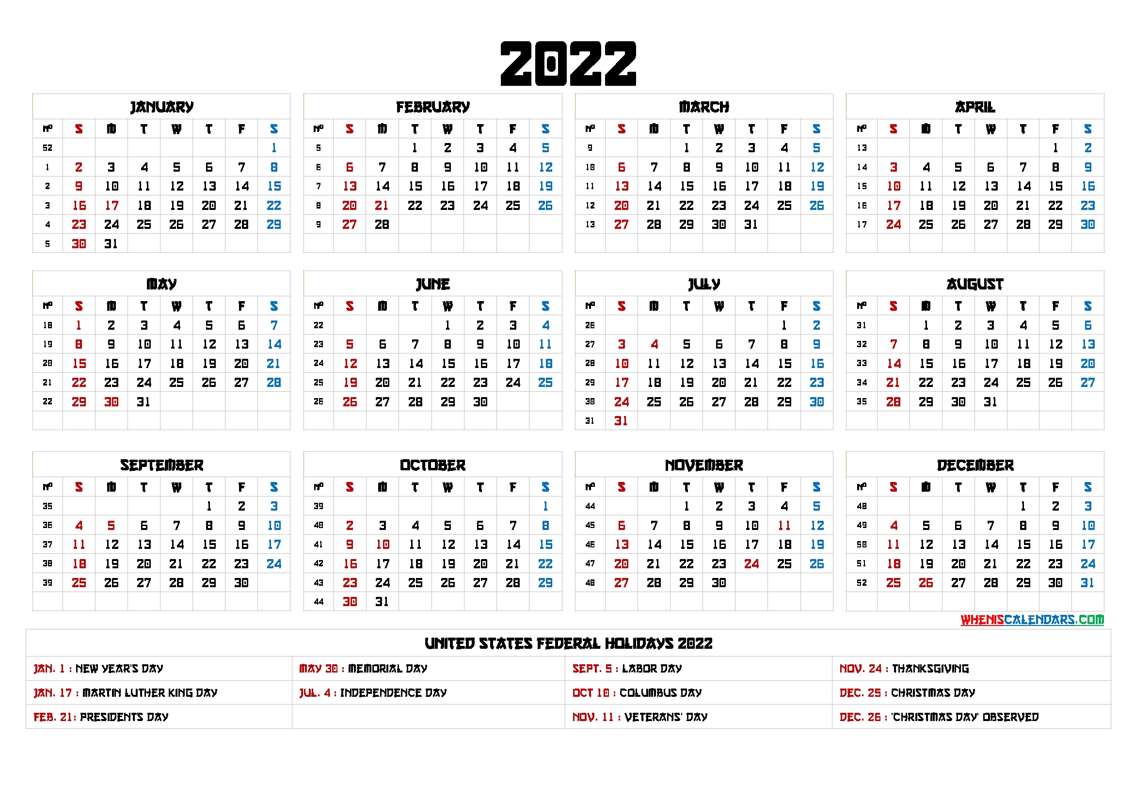 Printable 2022 Calendar With Holidays - 6 Templates