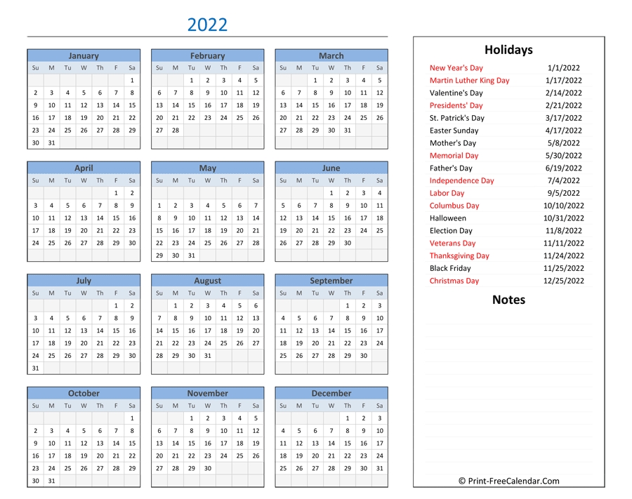 Printable 2022 Calendar With Holidays And Notes