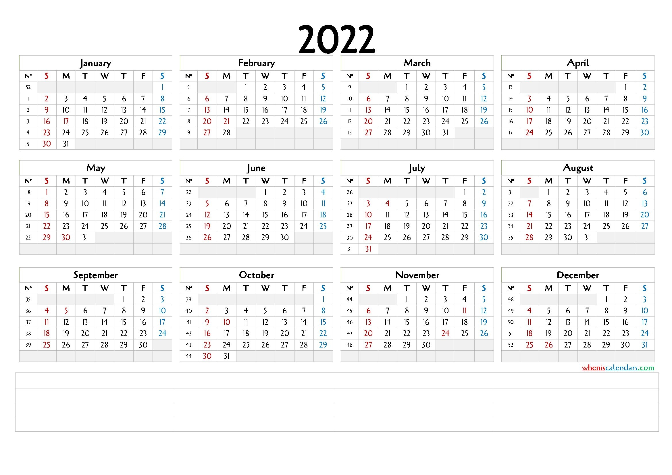 Printable 2022 Calendar With Week Numbers - Calendraex