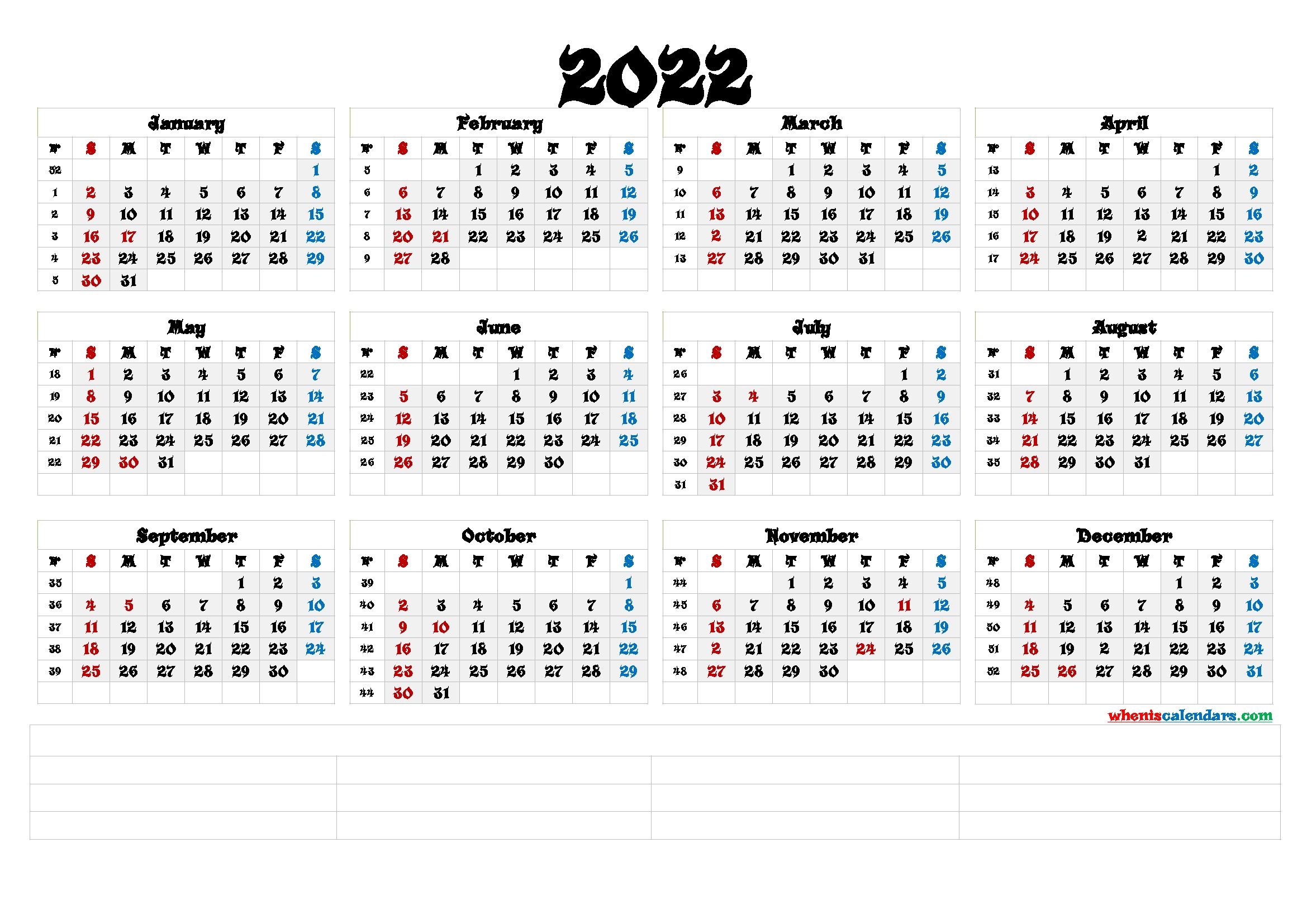 Printable 2022 Yearly Calendar (6 Templates)