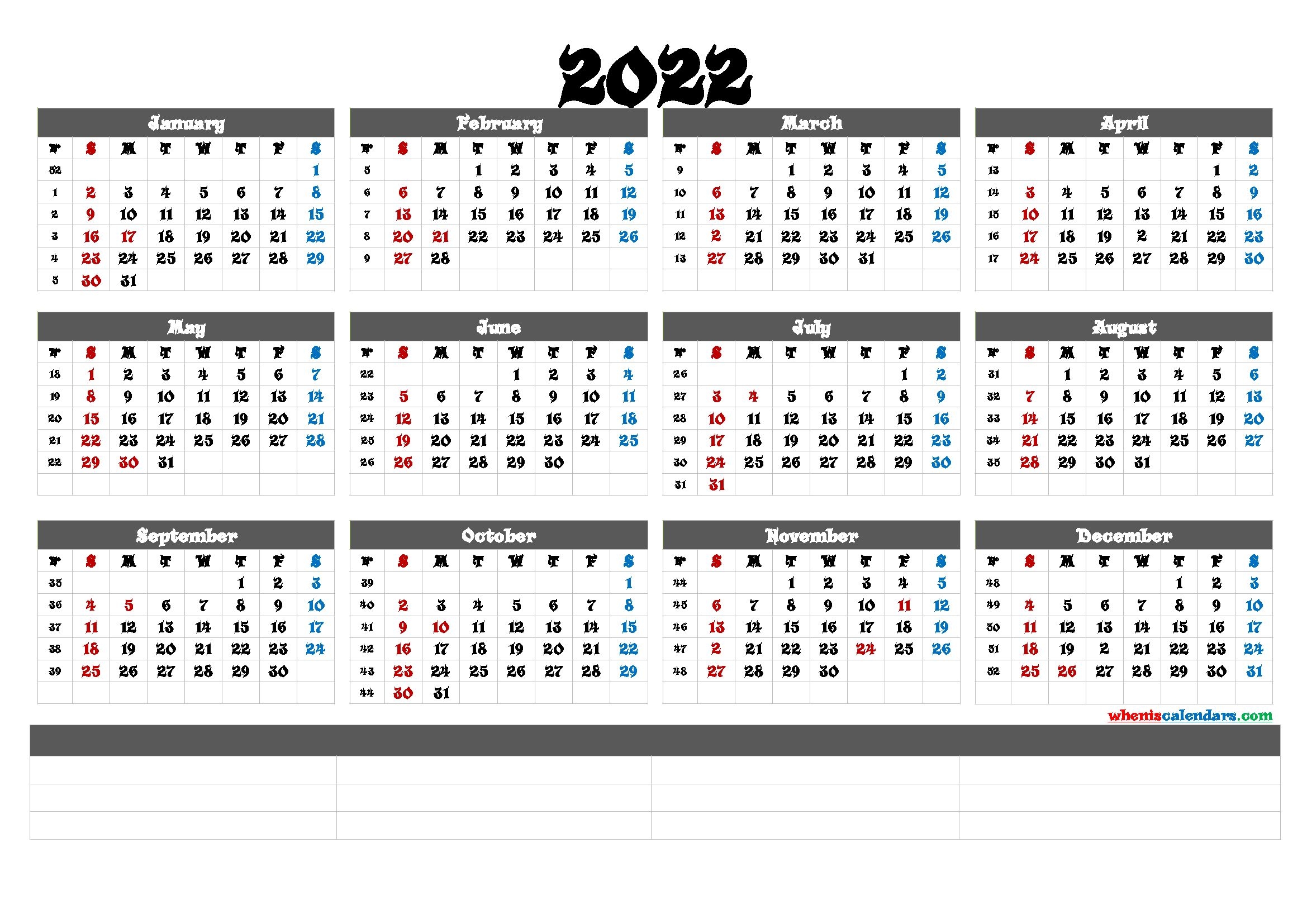 Printable 2022 Yearly Calendar (6 Templates)