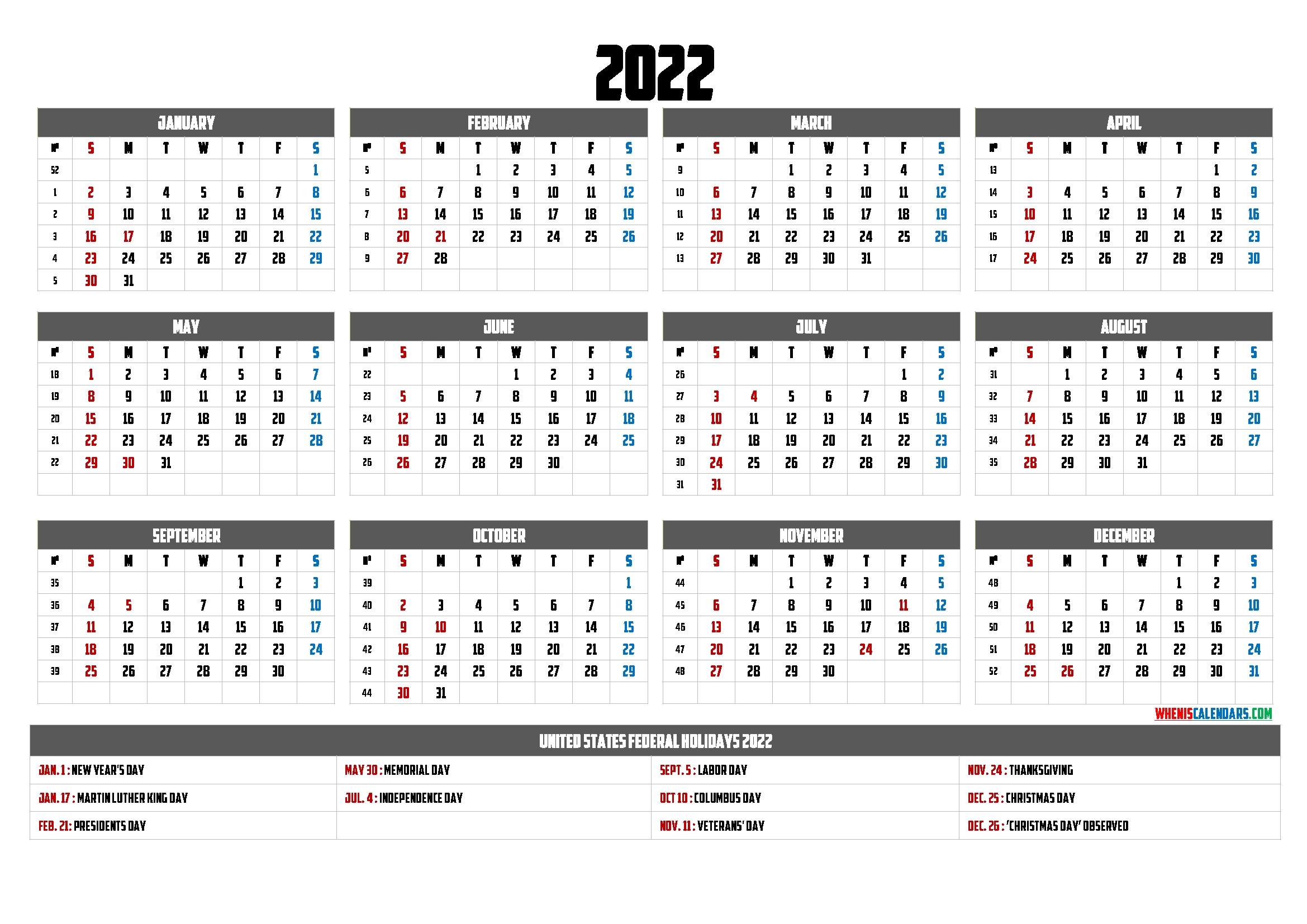 Printable 2022 Yearly Calendar - 9 Templates - Free 2020