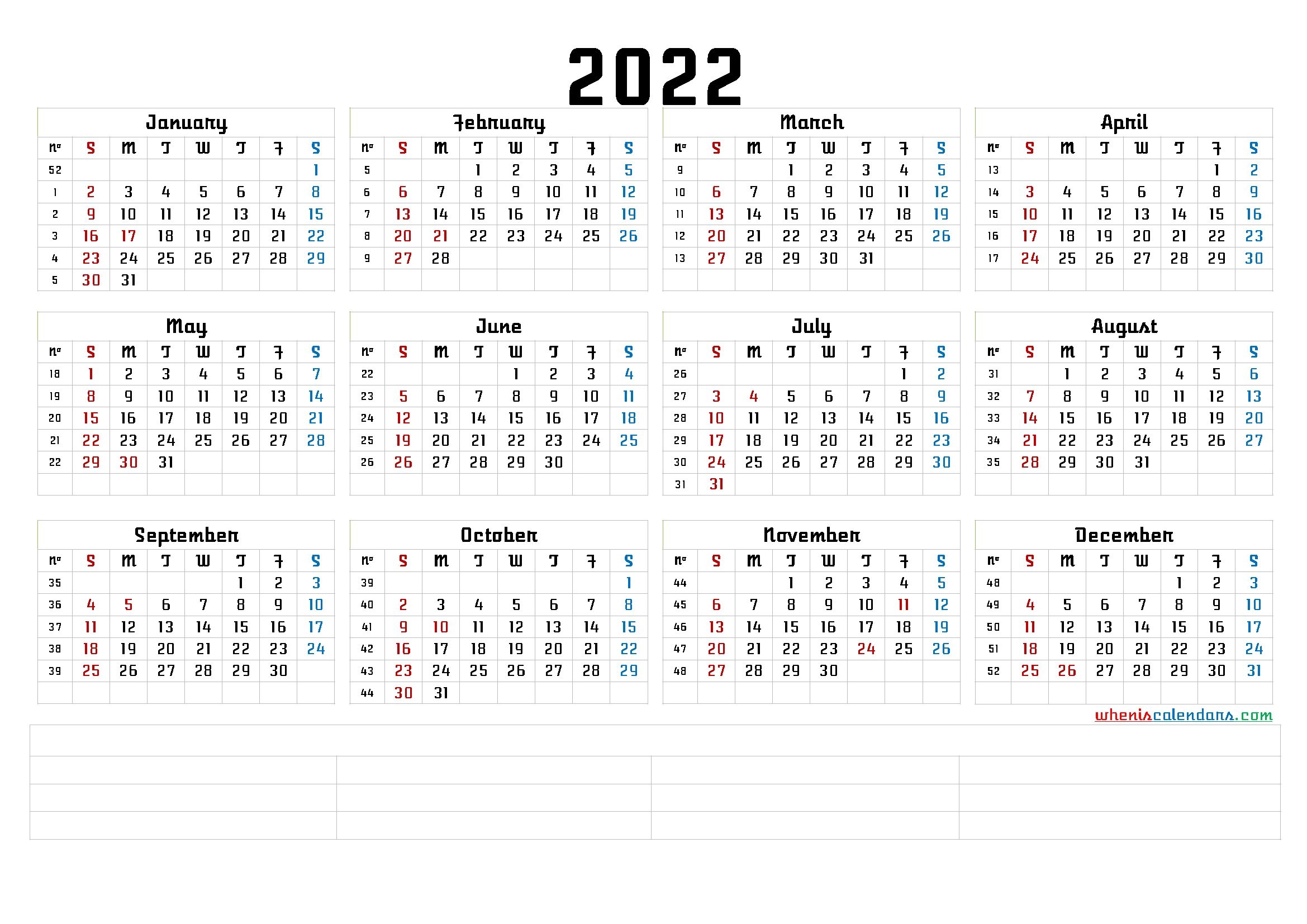 week number calendar 2022