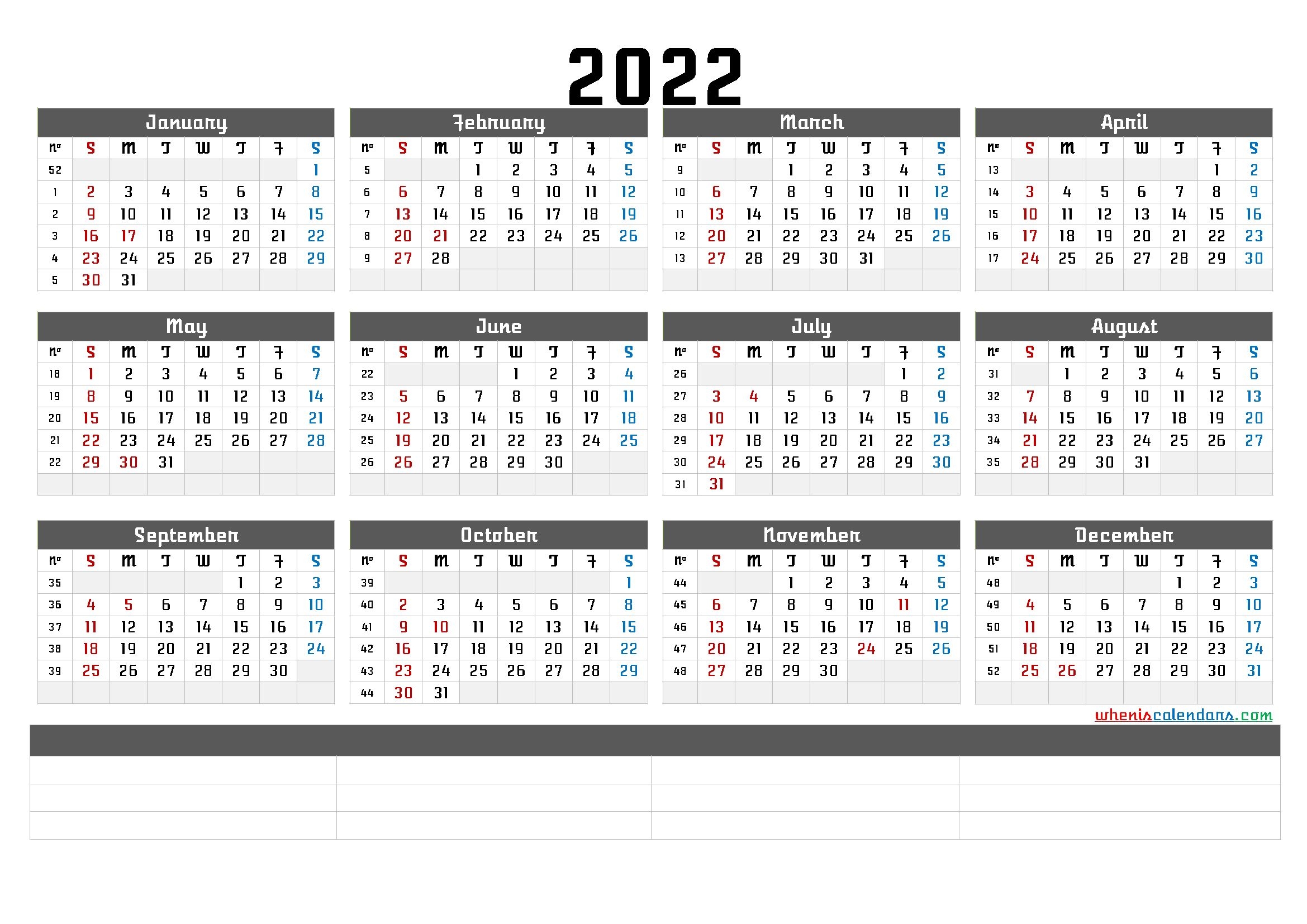 Printable 2022 Yearly Calendar With Week Numbers (6 Templates)