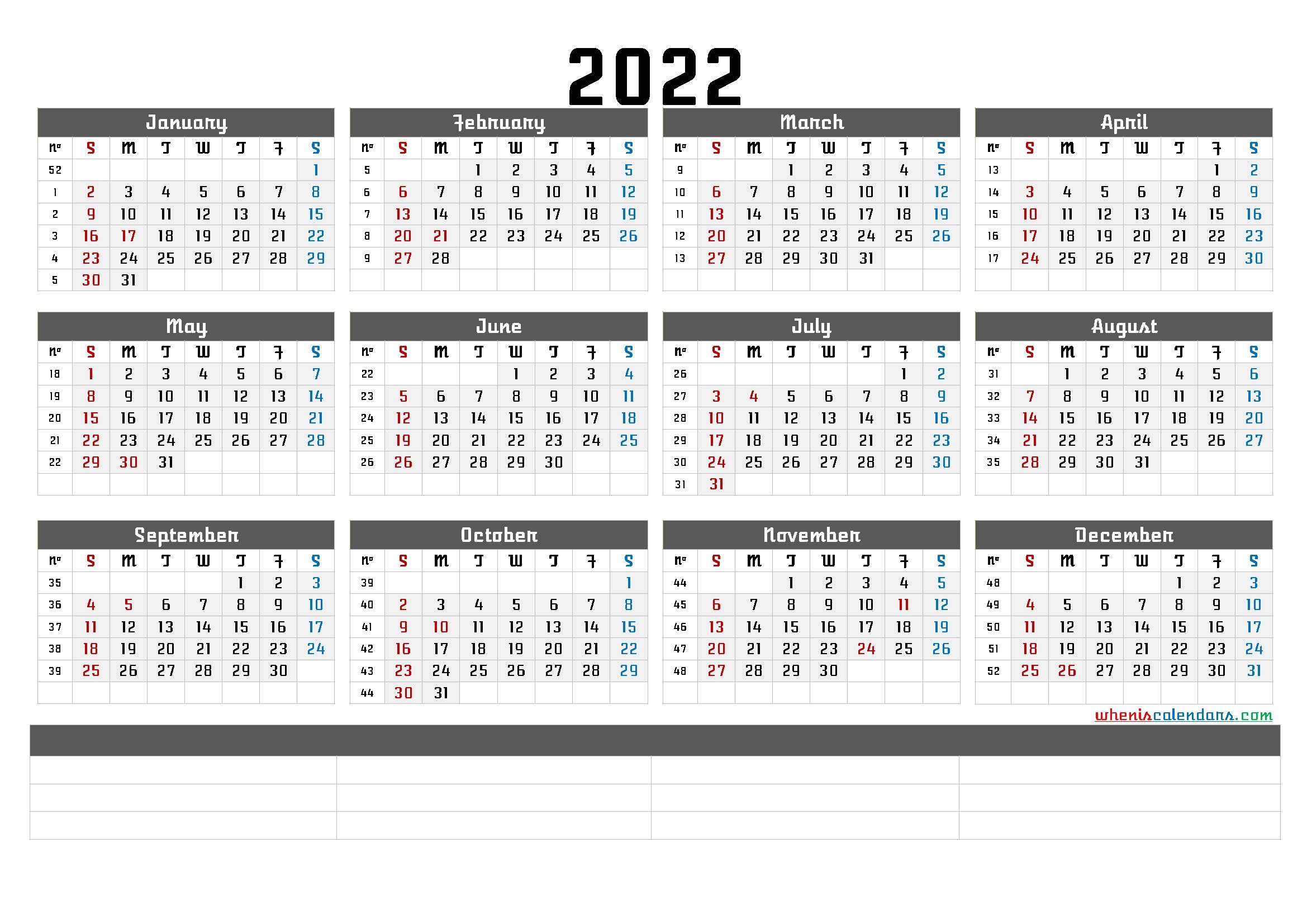 Printable 2022 Yearly Calendar With Week Numbers (6 Templates)