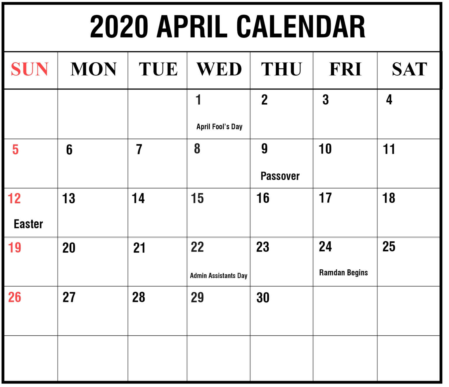 Printable April 2020 Calendar With Holidays Plan | Free