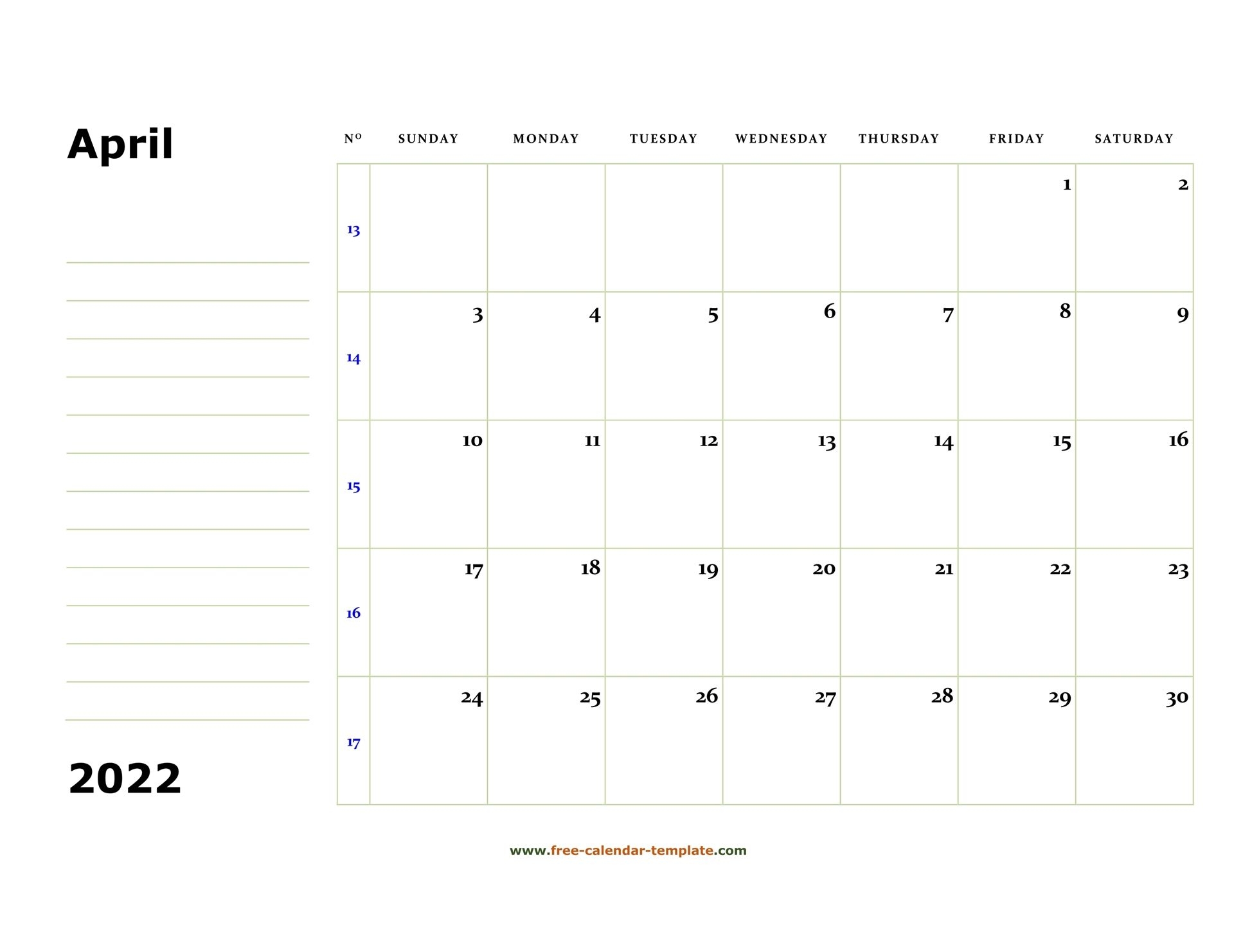 Printable April 2022 Calendar (Box And Lines For Notes