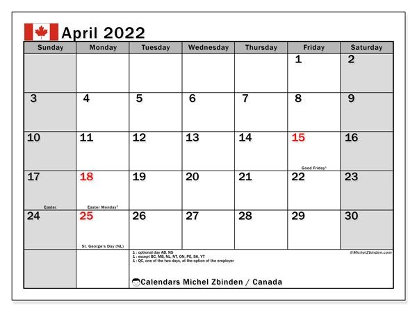 Printable April 2022 &quot;Canada&quot; Calendar - Michel Zbinden En