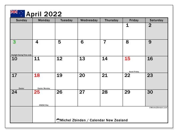 Printable April 2022 &quot;New Zealand (Ss)&quot; Calendar - Michel