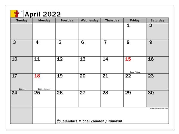 Printable April 2022 &quot;Nunavut&quot; Calendar - Michel Zbinden En