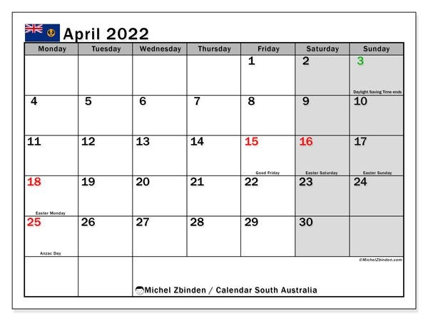 Printable April 2022 &quot;South Australia&quot; Calendar - Michel