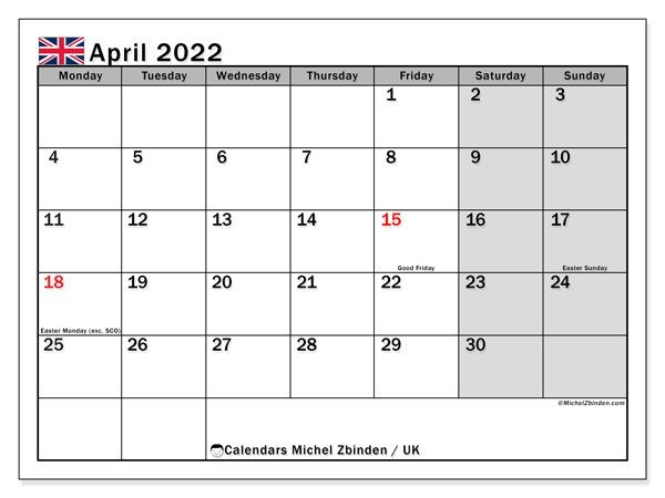 Printable April 2022 &quot;Uk&quot; Calendar - Michel Zbinden En