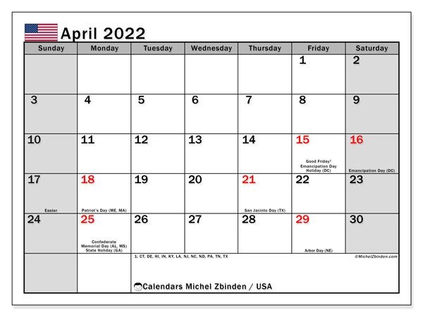Printable April 2022 &quot;Usa&quot; Calendar - Michel Zbinden En