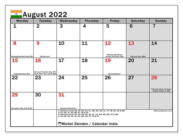 Printable August 2022 &quot;India&quot; Calendar - Michel Zbinden En