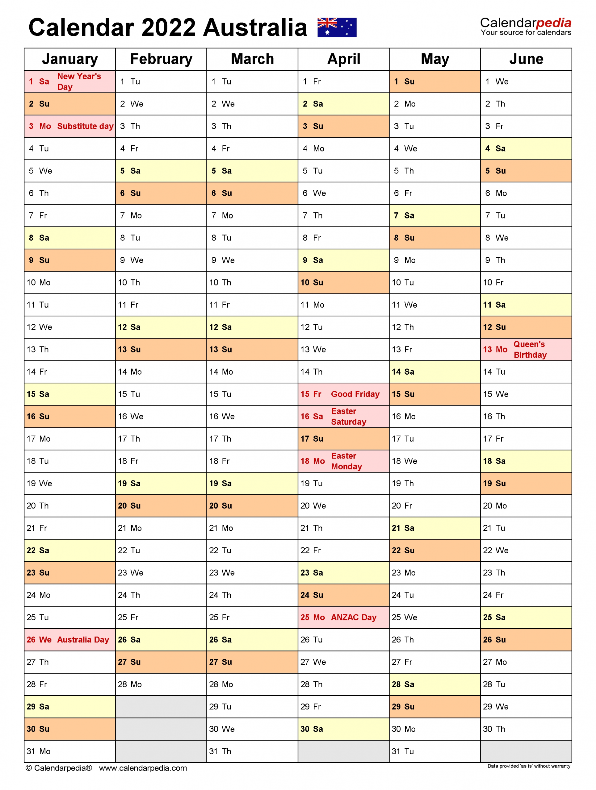 Printable Calendar 2022 Australia | Free Letter Templates