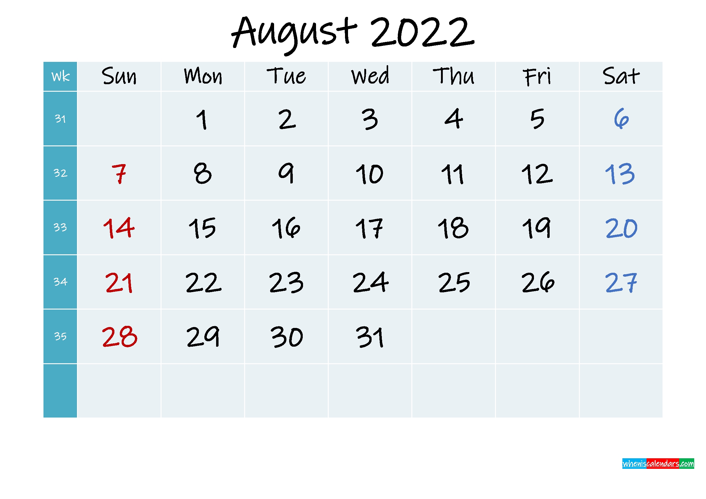 Printable Calendar August 2022 - Template No.ink22M320