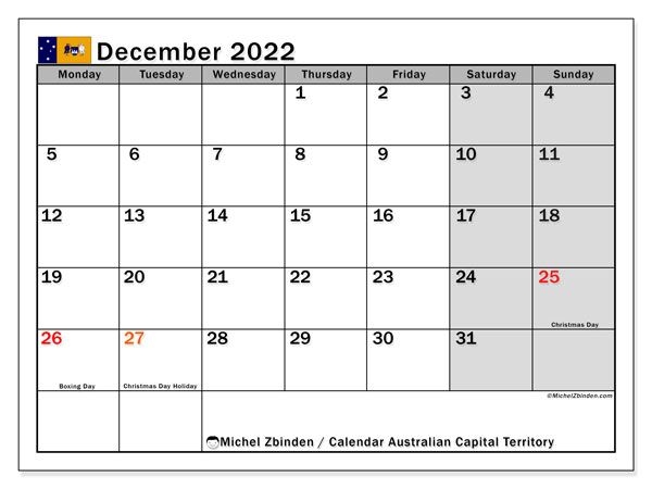 Printable December 2022 &quot;Australian Capital Territory