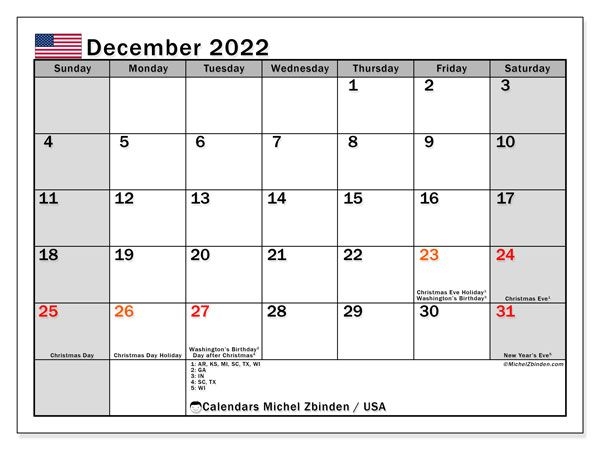 Printable December 2022 &quot;Usa&quot; Calendar - Michel Zbinden En