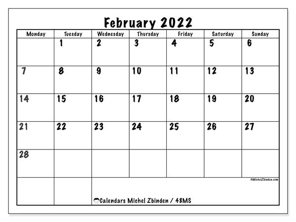 Printable February 2022 &quot;48Ms&quot; Calendar - Michel Zbinden En