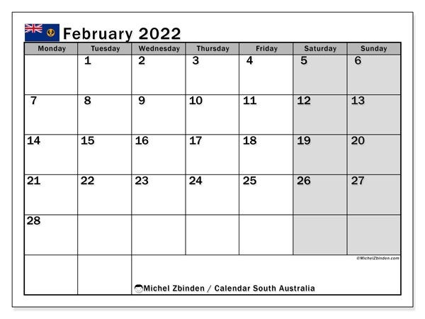 Printable February 2022 &quot;South Australia&quot; Calendar