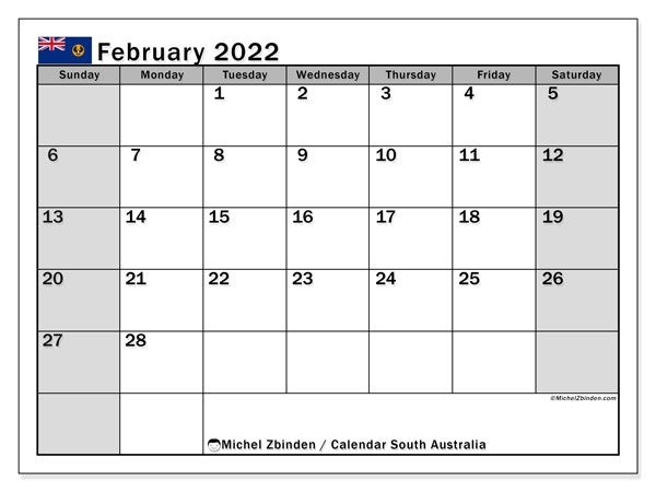 Printable February 2022 &quot;South Australia (Ss)&quot; Calendar