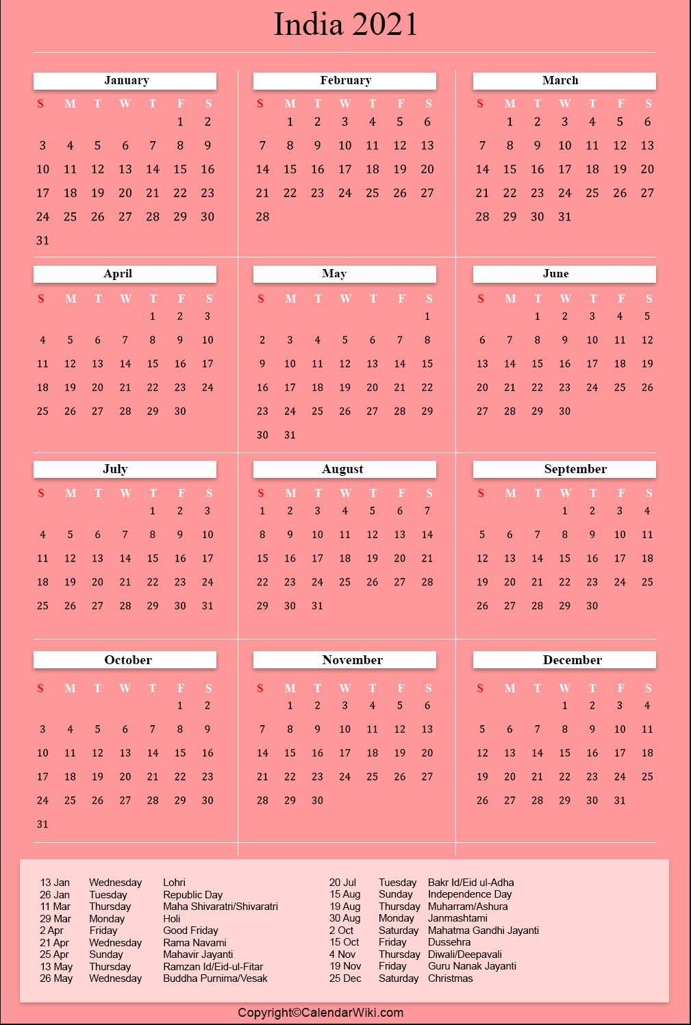 Printable India Calendar 2021 With Holidays [Public Holidays]