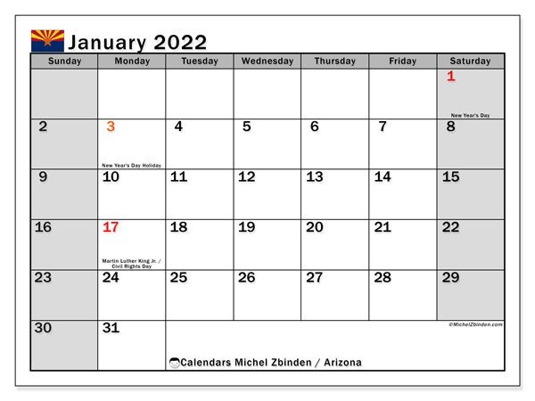 Printable January 2022 &quot;Arizona&quot; Calendar - Michel Zbinden En