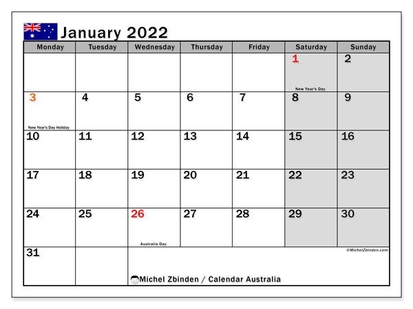 Printable January 2022 &quot;Australia&quot; Calendar - Michel