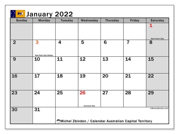 Printable January 2022 &quot;Australian Capital Territory (Ss