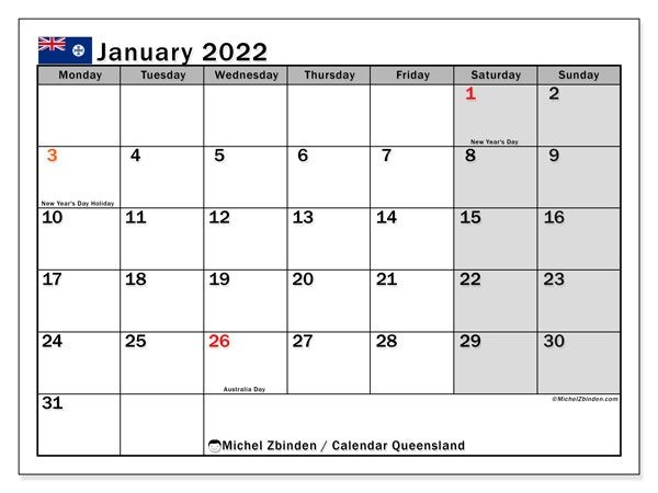 Printable January 2022 &quot;Queensland&quot; Calendar - Michel