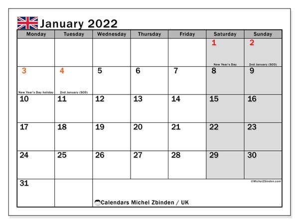 Printable January 2022 &quot;Uk&quot; Calendar - Michel Zbinden En
