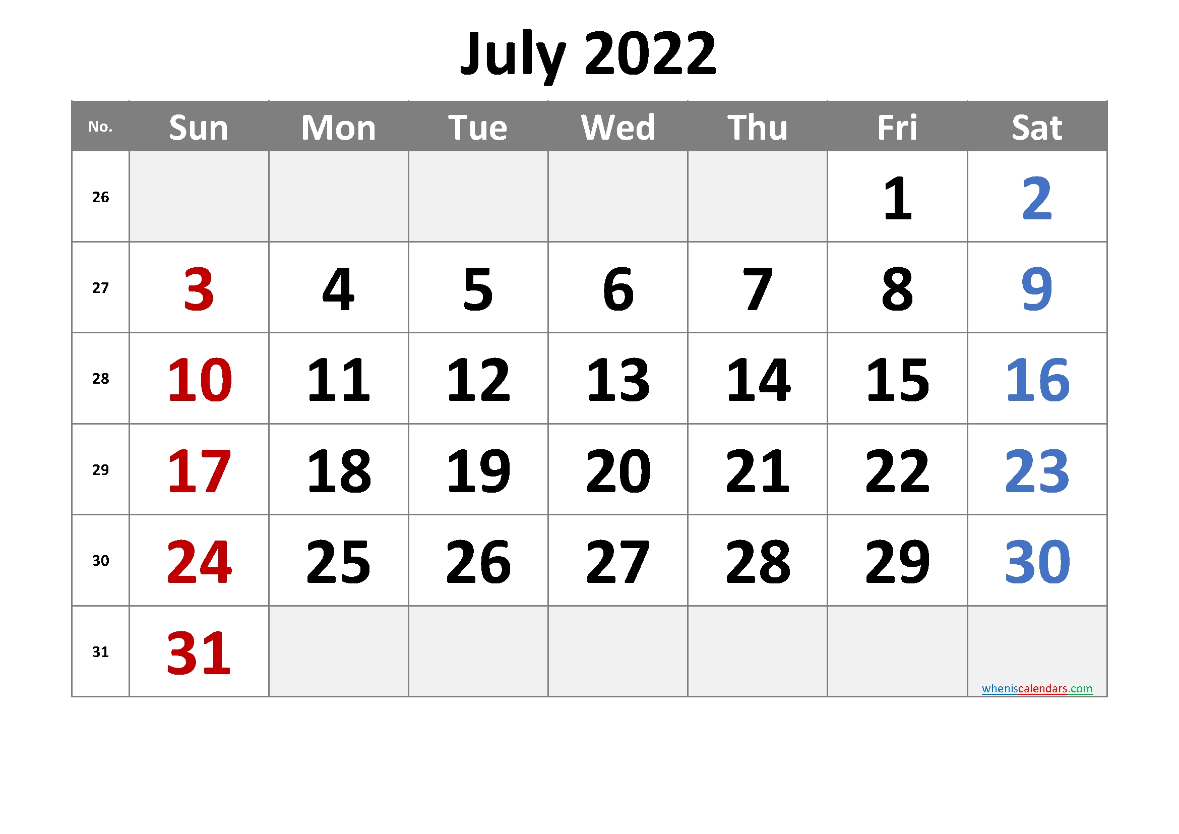 Printable July 2022 Calendar With Week Numbers | Free