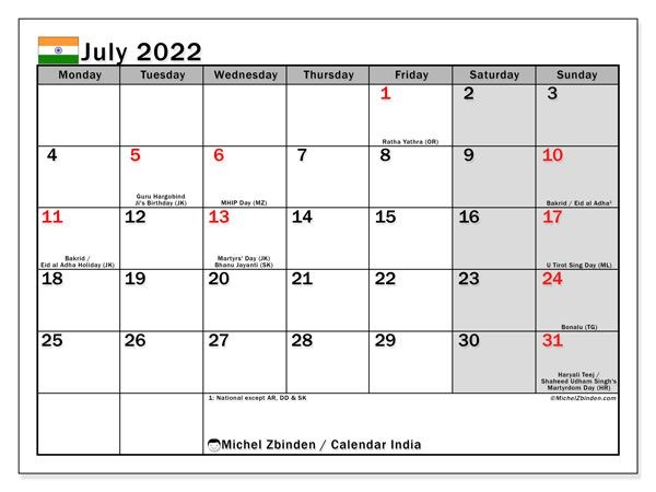 Printable July 2022 &quot;India&quot; Calendar - Michel Zbinden En