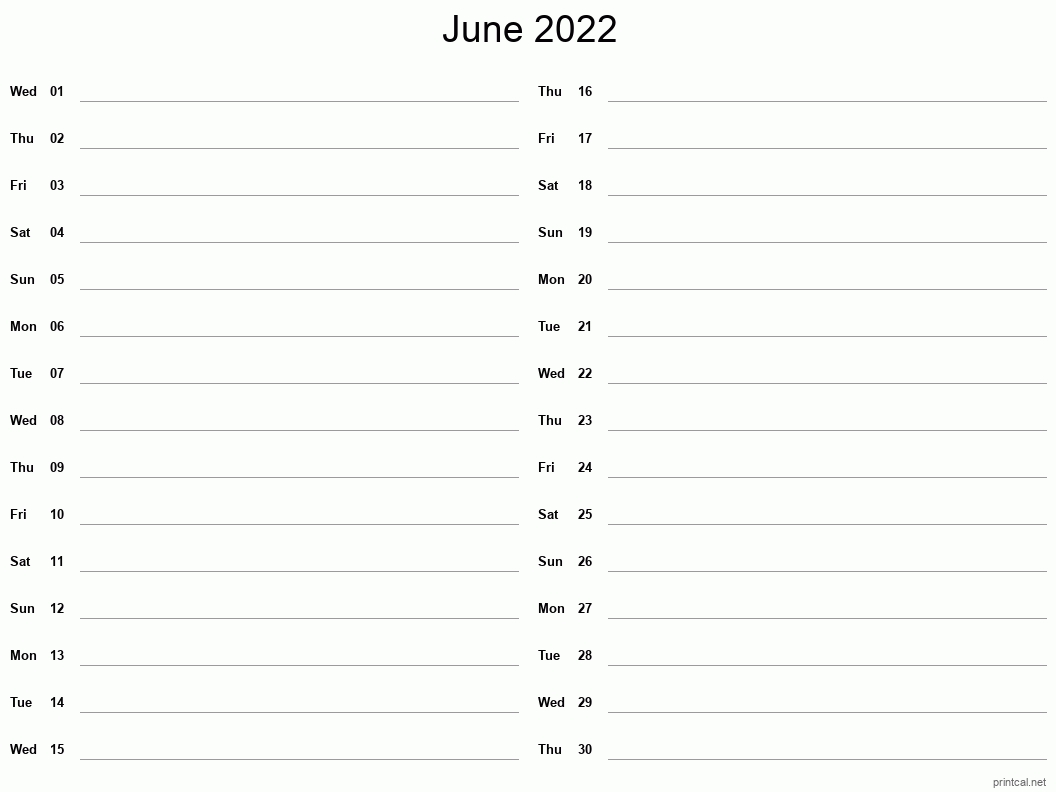 Printable June 2022 Calendar - Two Column Notesheet