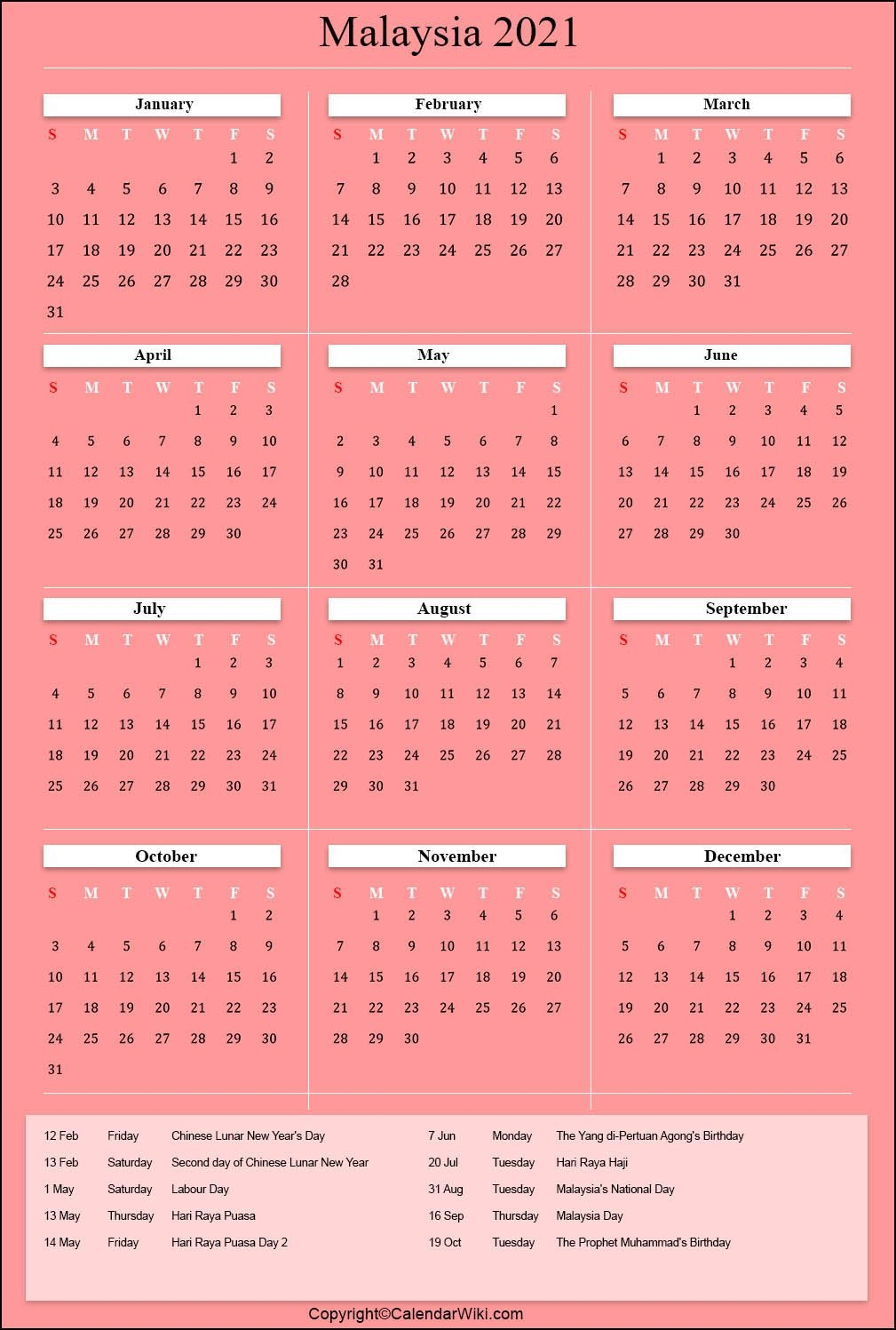 Printable Malaysia Calendar 2021 With Holidays [Public